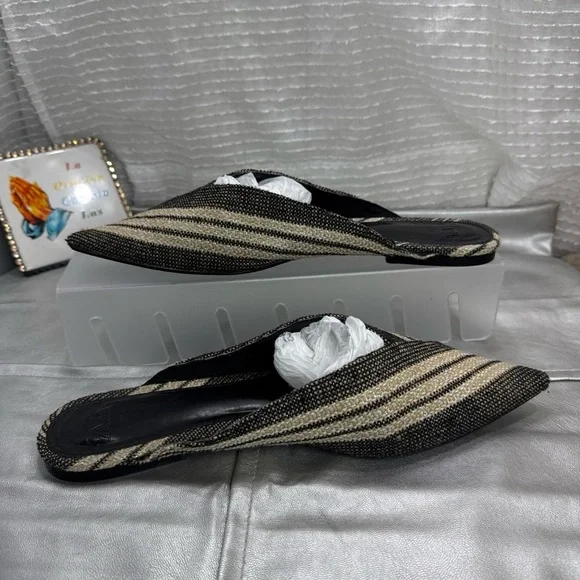 (Z1) Zara women's flat mules, size 39/8 US, ivory black, with shiny stripes - Picture 4 of 13